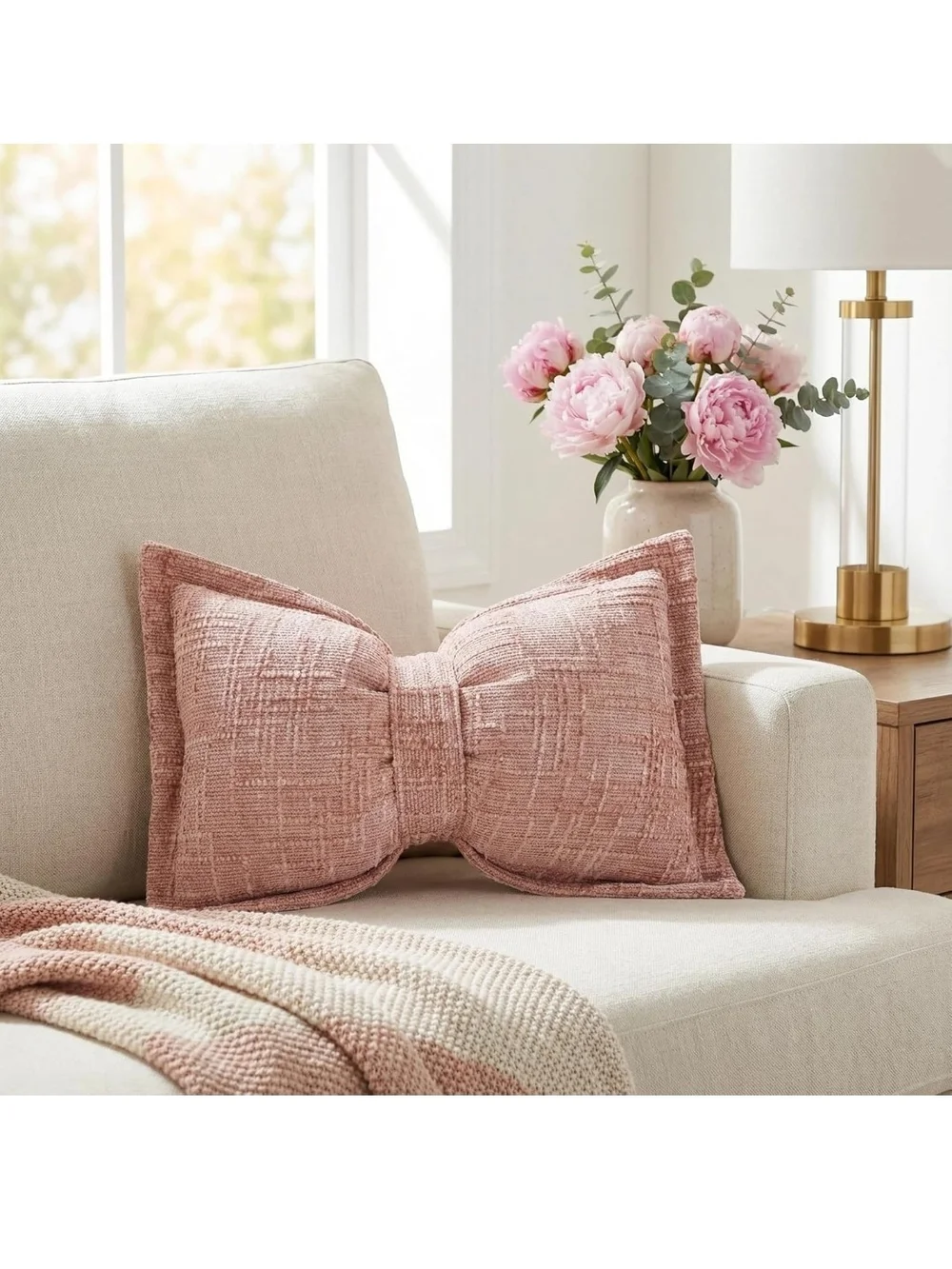 Blush Pink Bow Accent Throw Pillow Pair